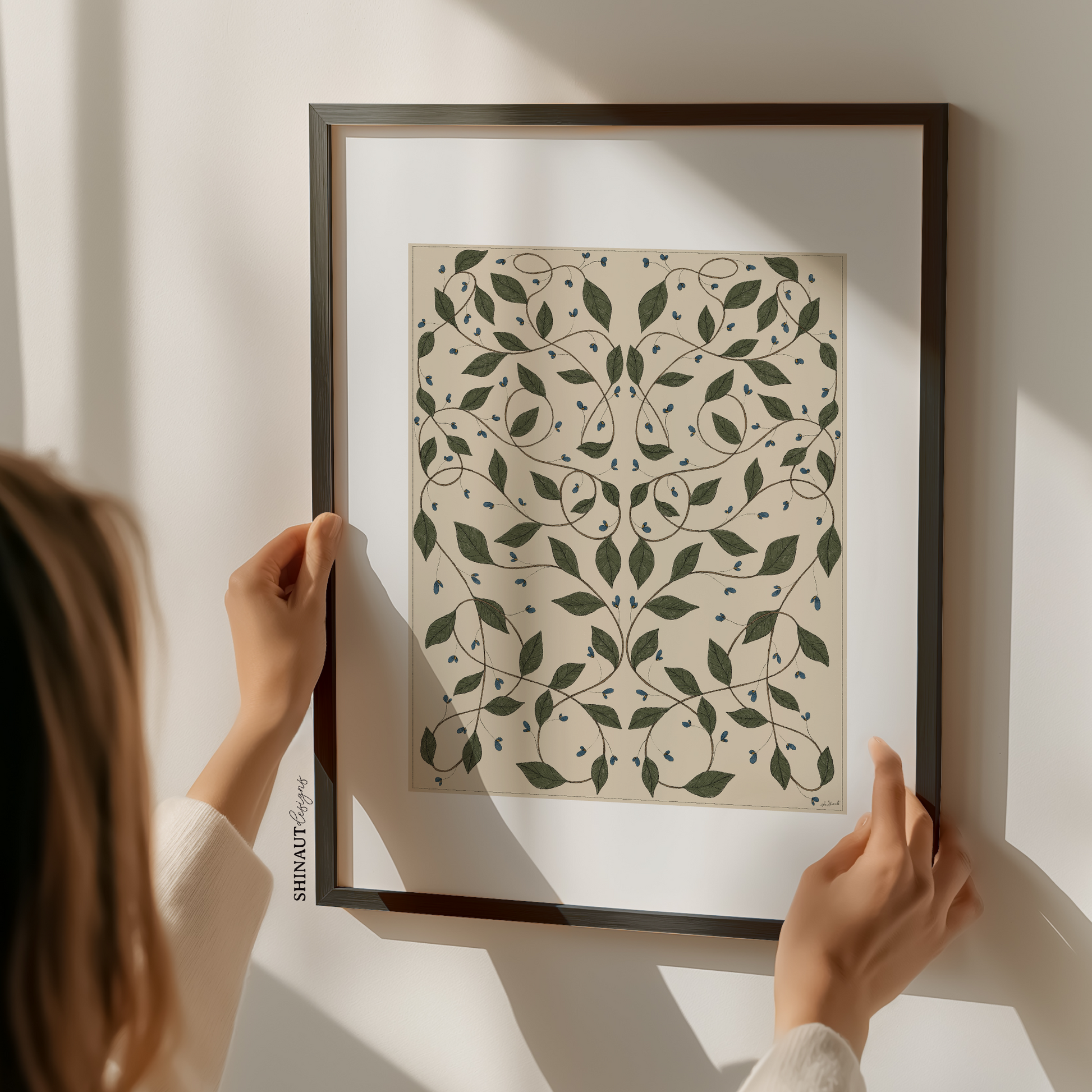 Butterfly Pea Vines Art Print with woman holding frame
