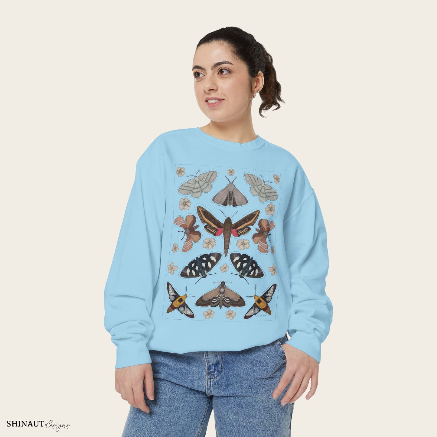 Garden moths crewneck in chambray female model