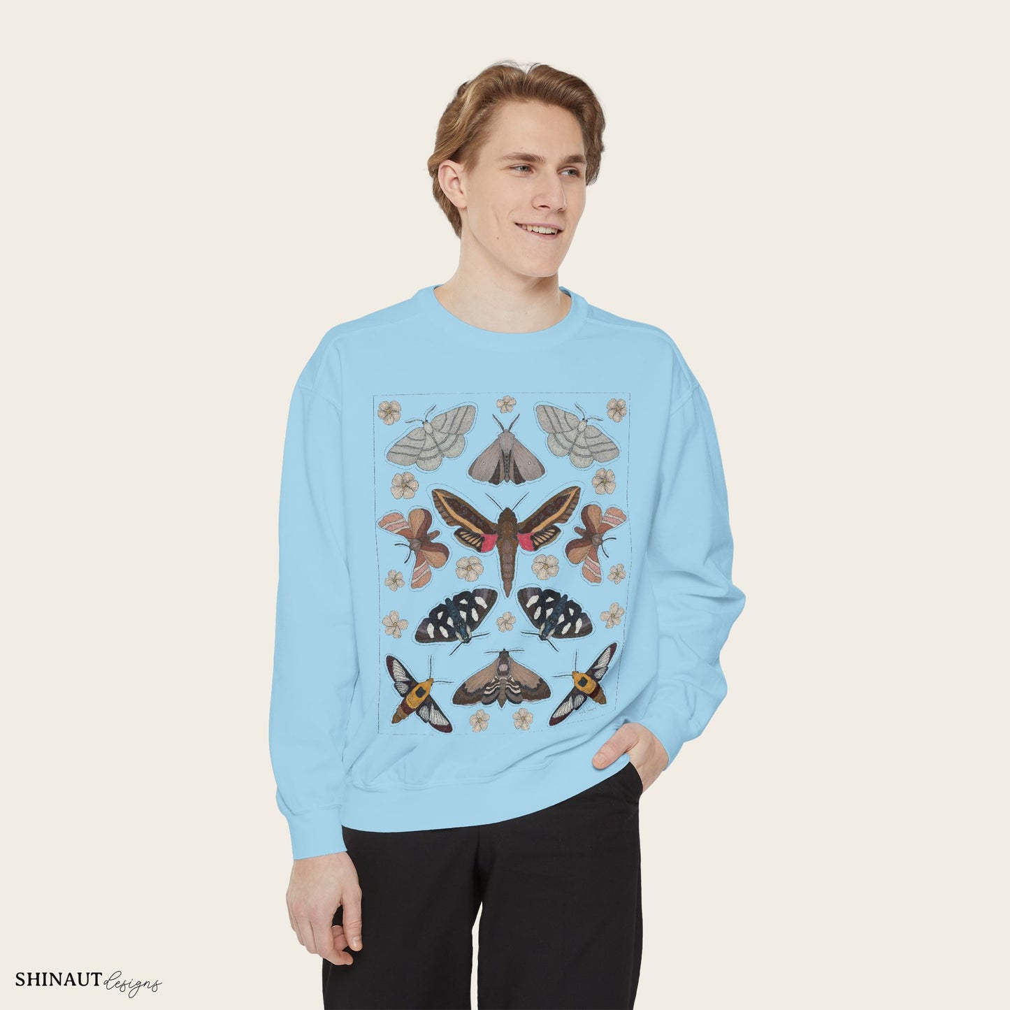 Garden moths crewneck in chambray male model