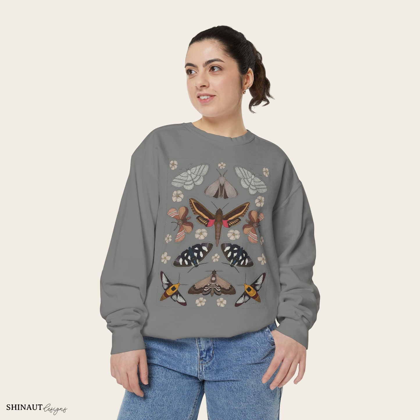 Garden moths crewneck in gray female model