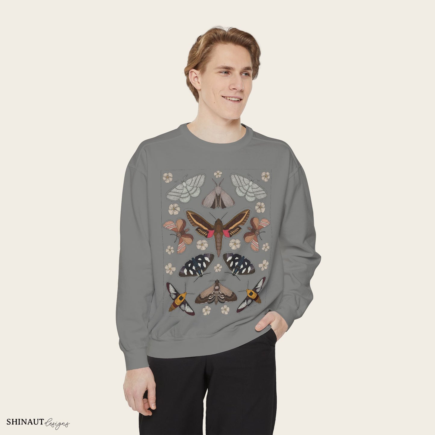 Garden moths crewneck in gray male model