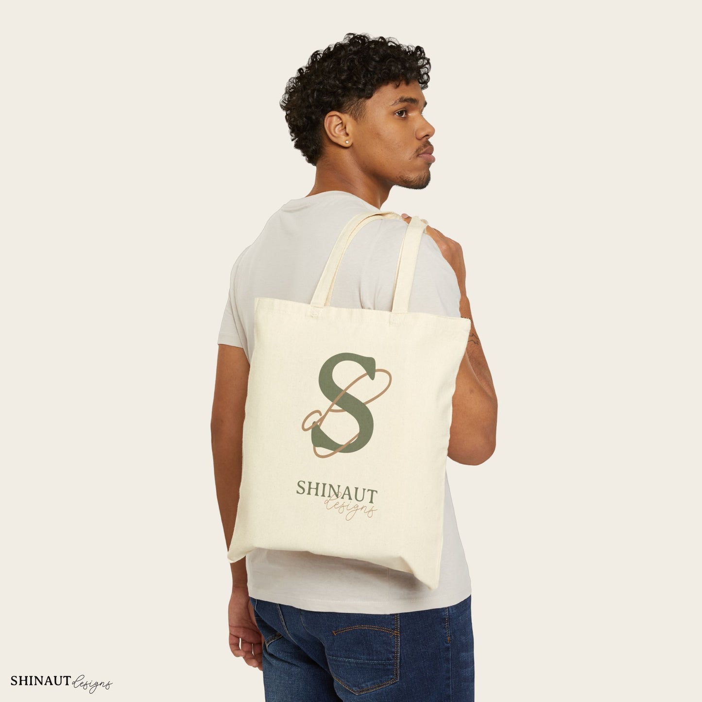 Shinaut designs logo tote bag male model