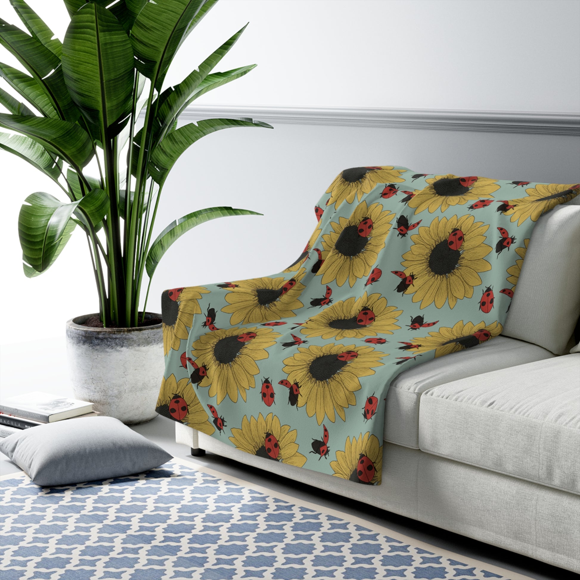 Sunflowers_Ladybugs_Sherpa_Fleece_Blanket_on couch