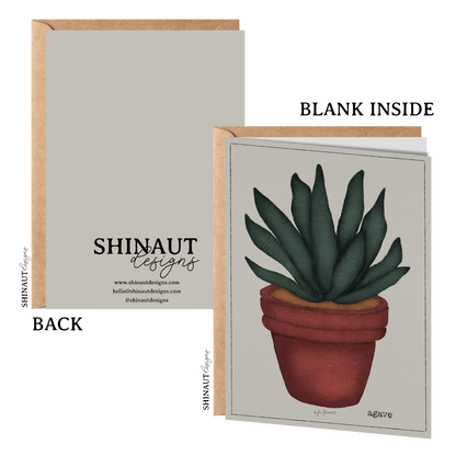 agave succulent greeting card with kraft envelope showing front, inside and back of card