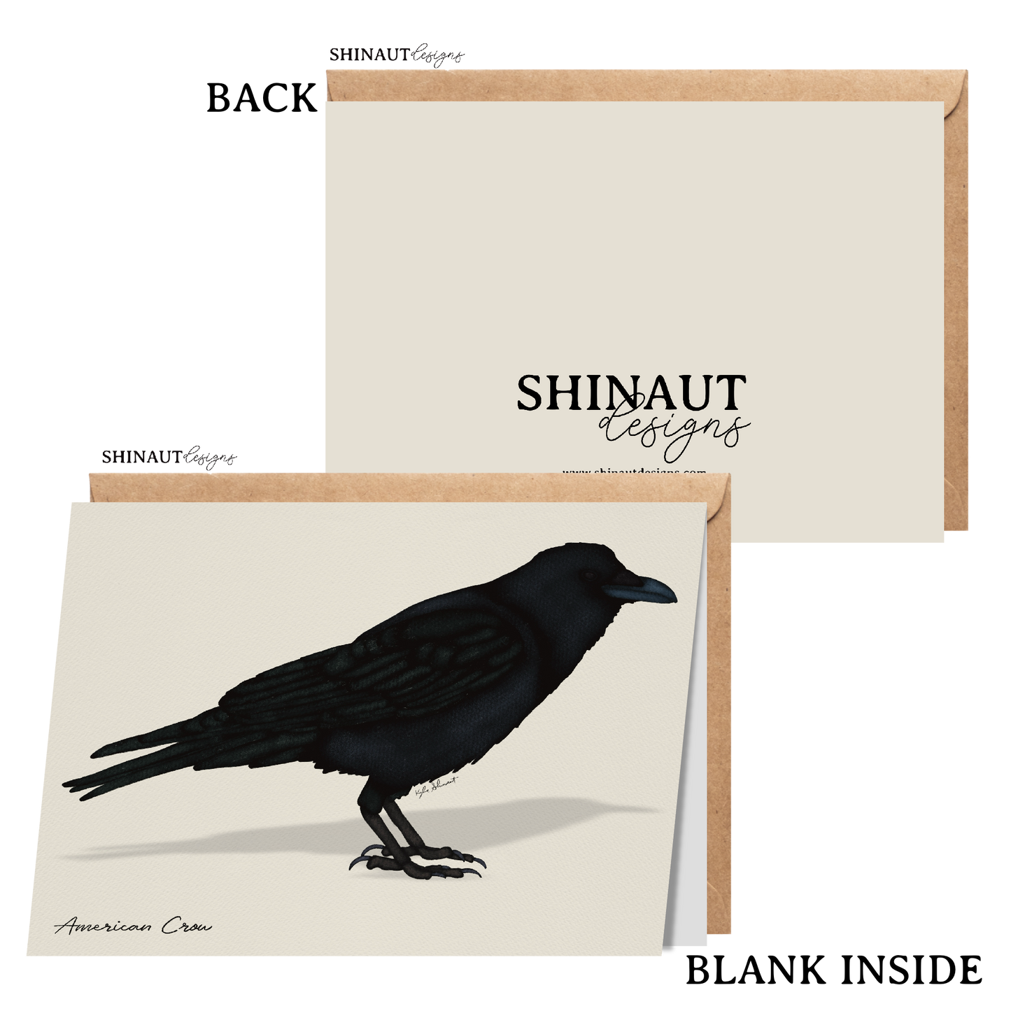 american crow greeting card with kraft envelope showing front, inside and back of card