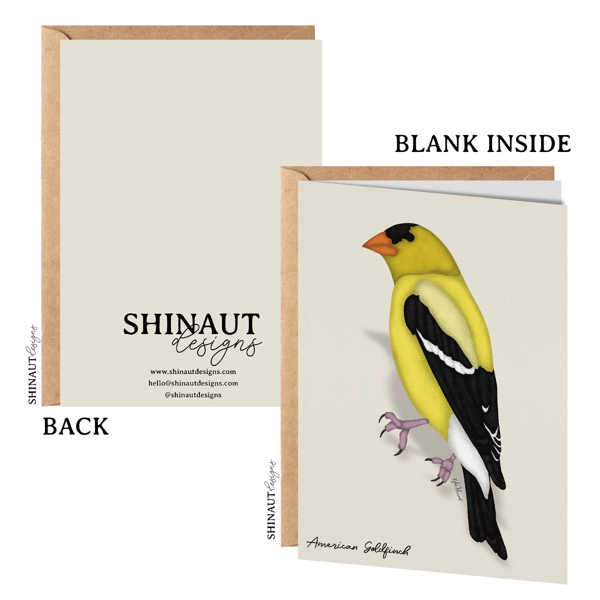 american goldfinch greeting card with kraft envelope showing front, inside and back of card