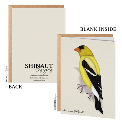 american goldfinch greeting card with kraft envelope showing front, inside and back of card