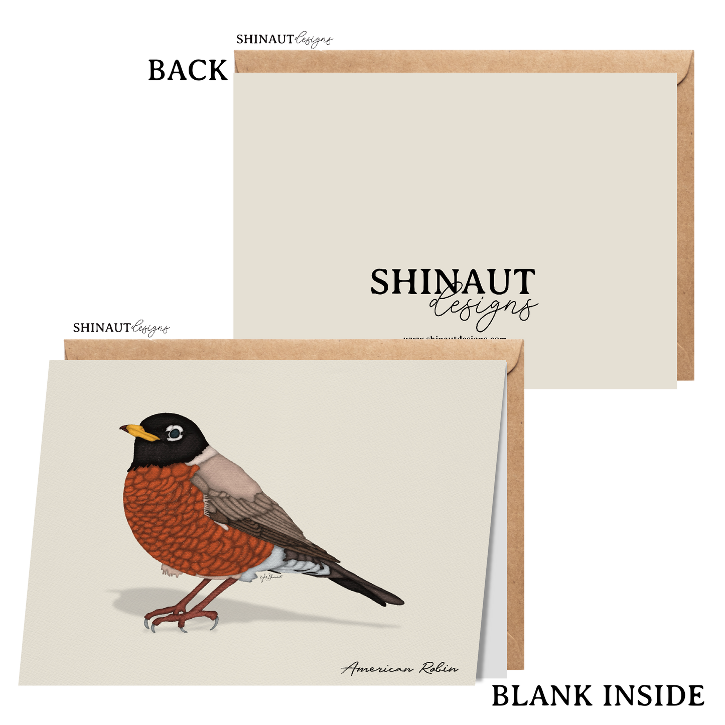 american robin greeting card with kraft envelope showing front, inside and back of card