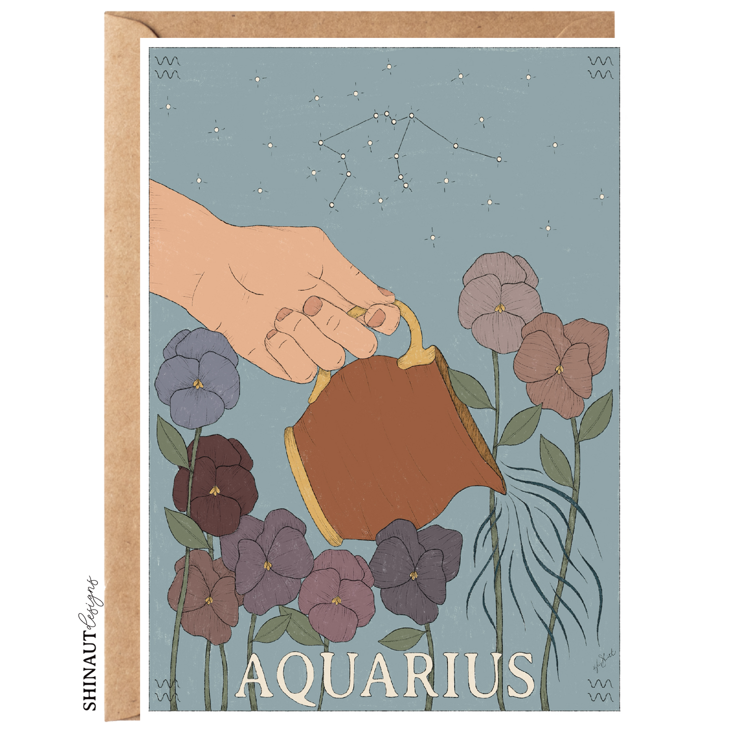 aquarius zodiac greeting card with kraft envelope