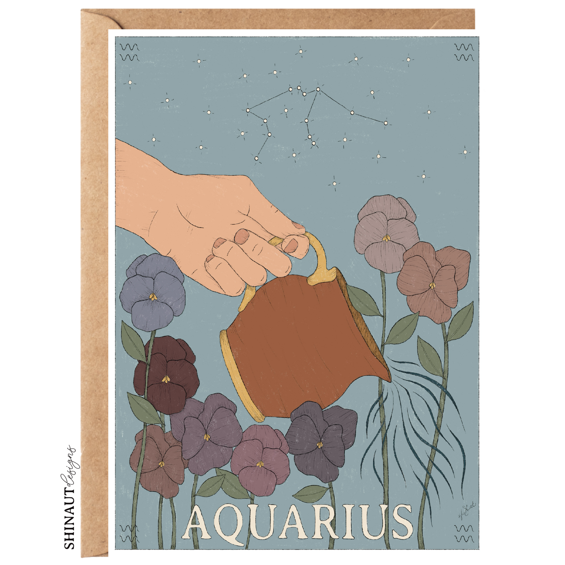 aquarius zodiac greeting card with kraft envelope