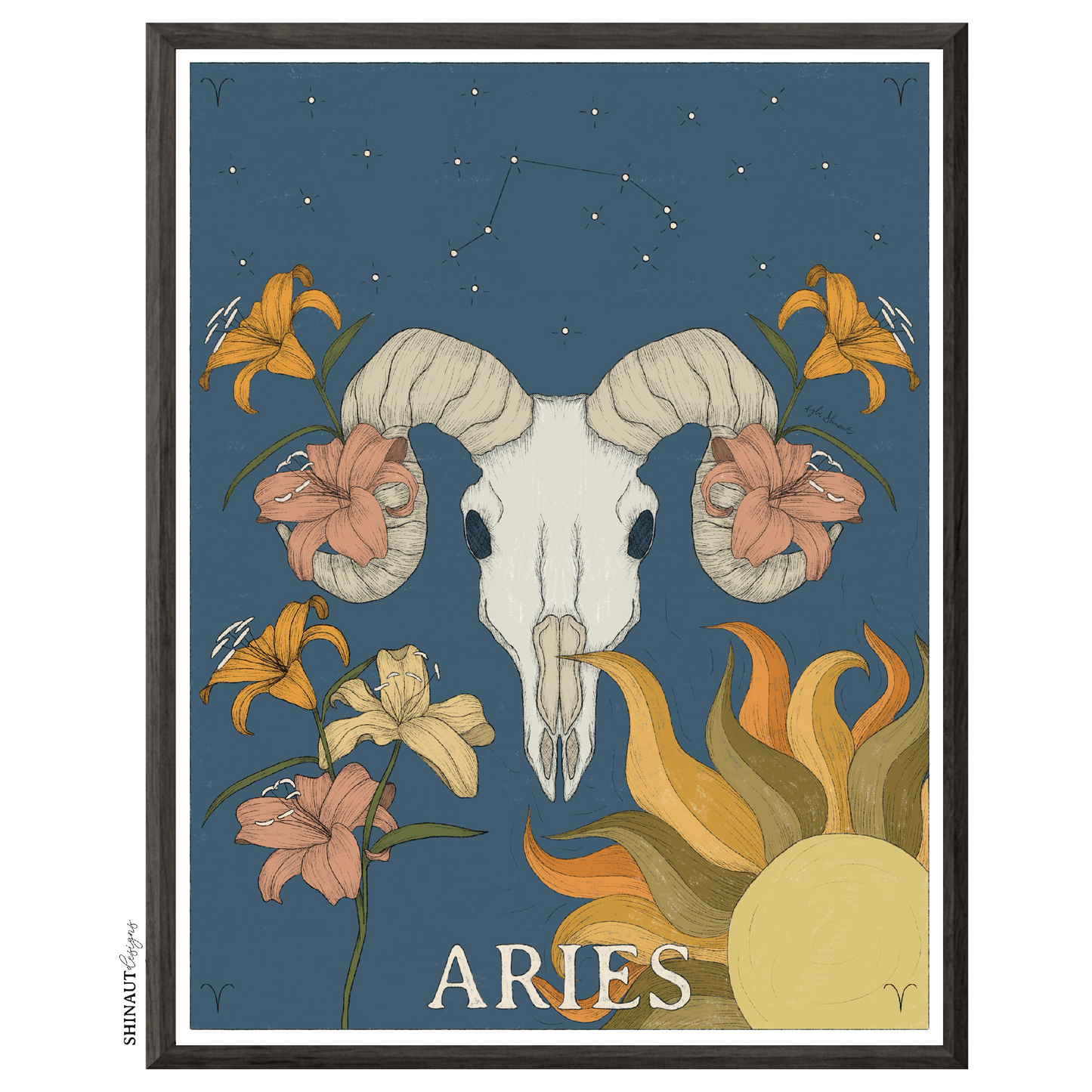 aries zodiac art print in a black picture frame