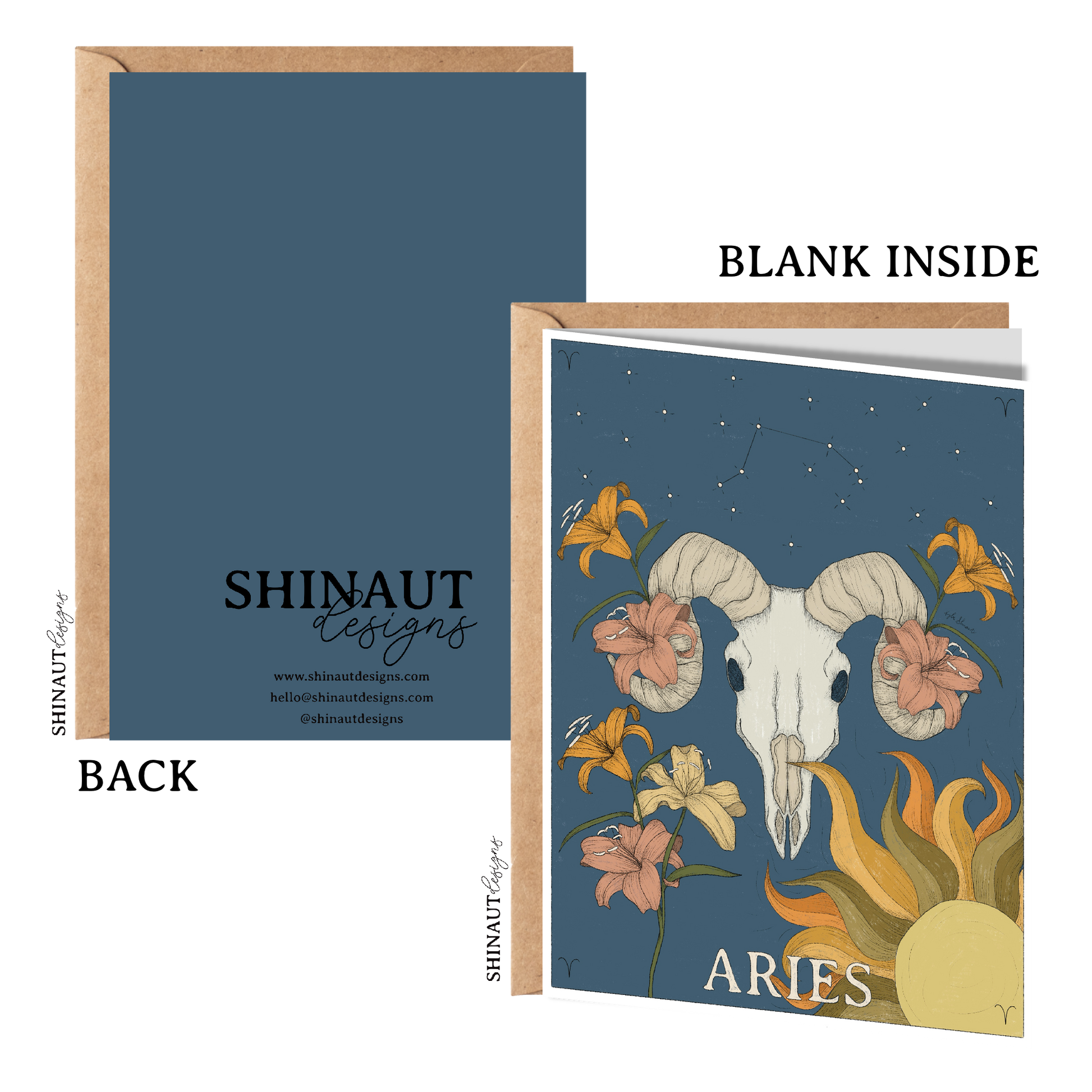 aries zodiac greeting card with kraft envelope showing front, inside and back of card