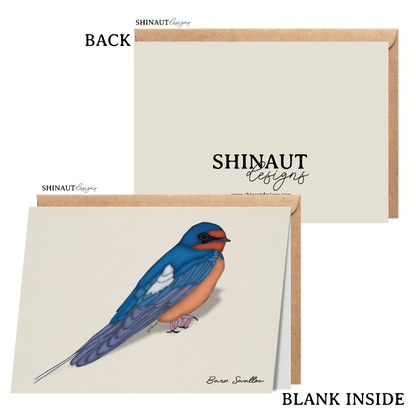 barn swallow greeting card with kraft envelope showing front, inside and back of card