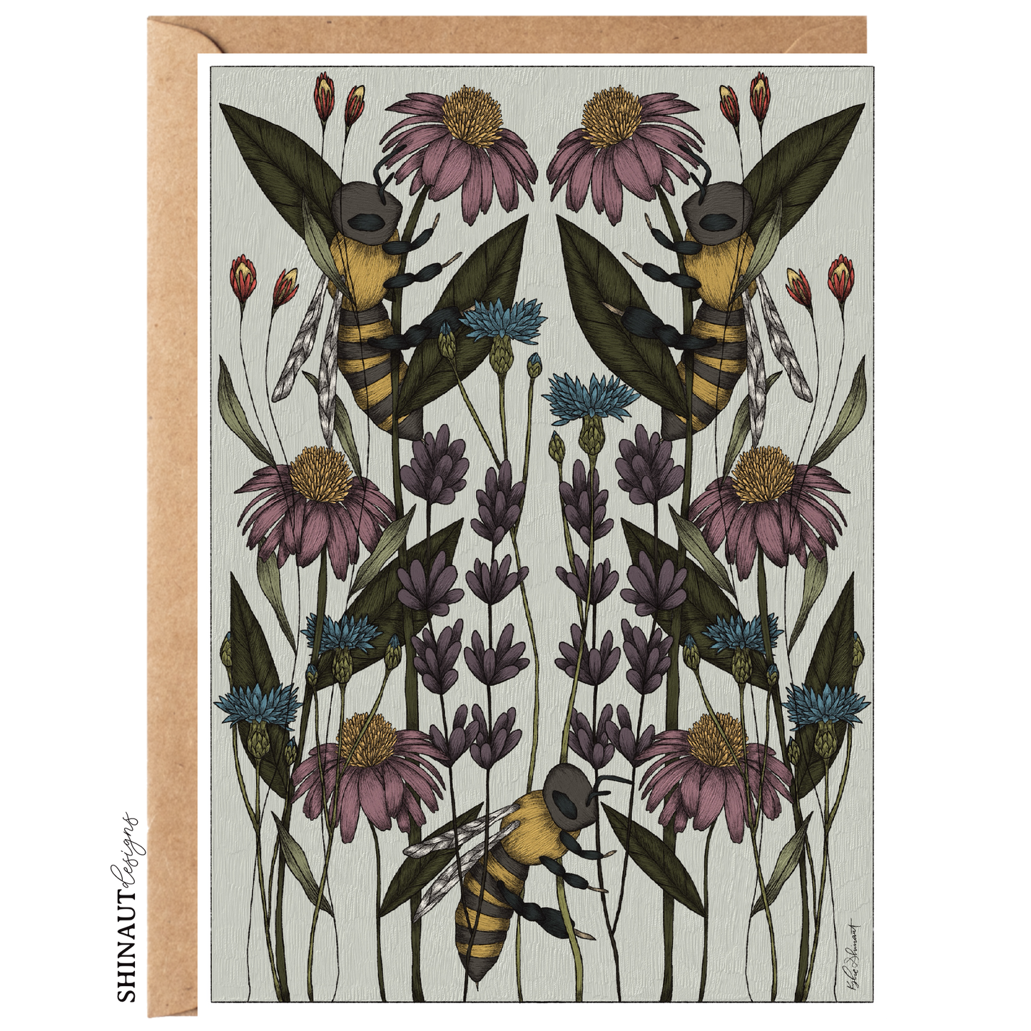 bee garden nouveau greeting card with kraft envelope