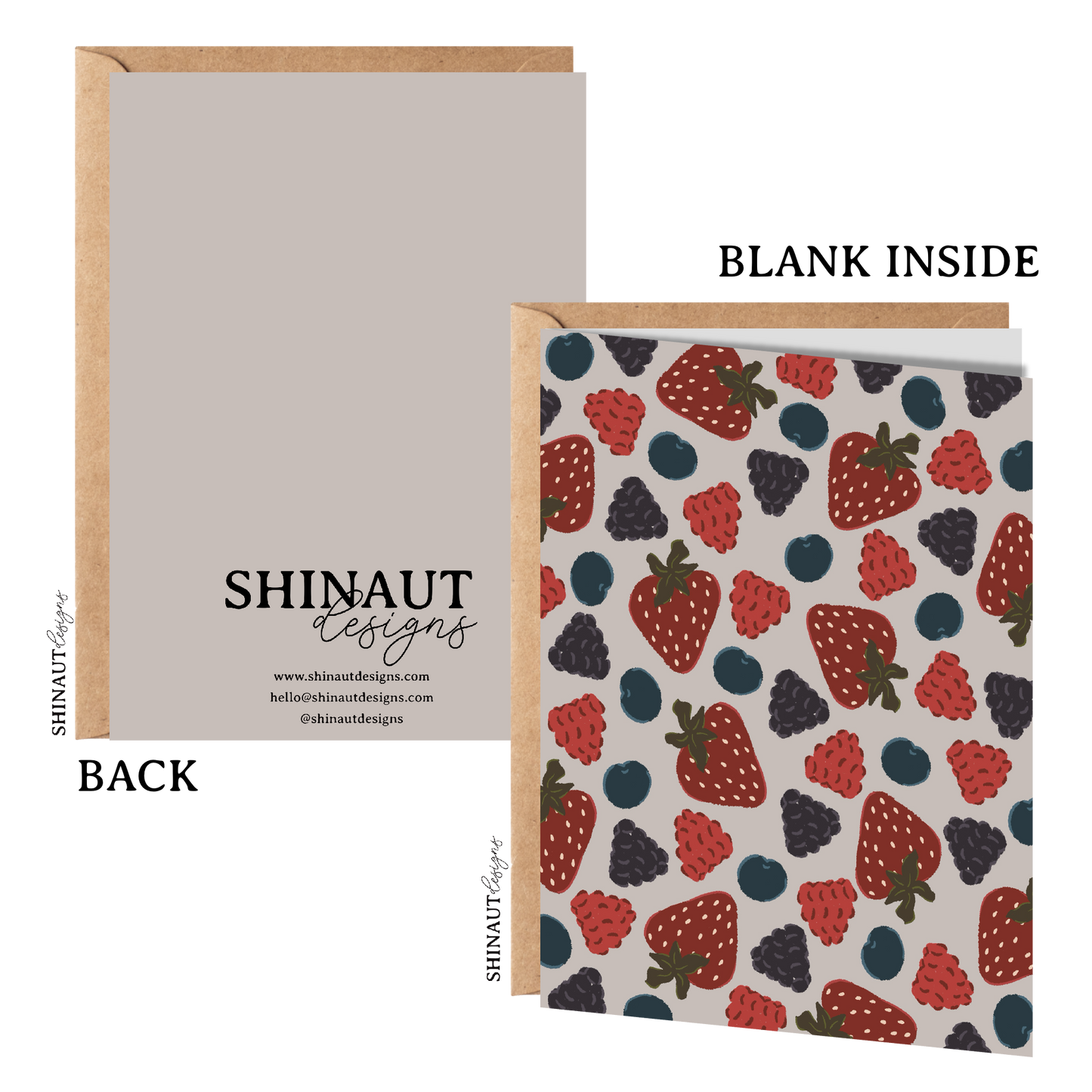 berry medley greeting card with kraft envelope showing front, inside and back of card