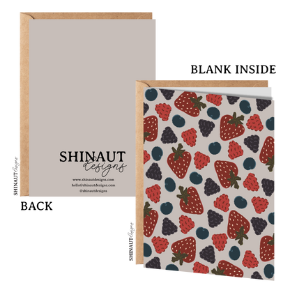 berry medley greeting card with kraft envelope showing front, inside and back of card