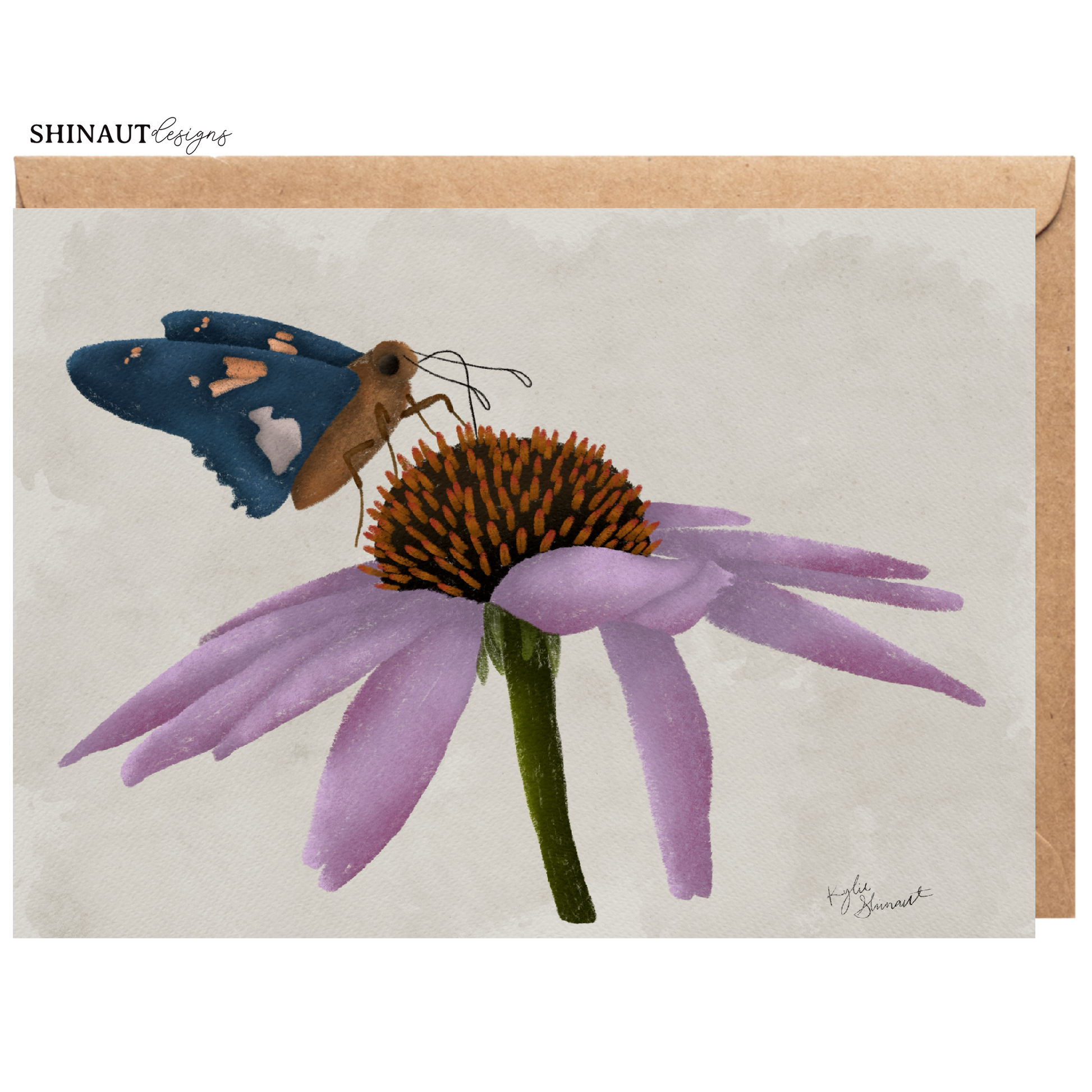 blue butterfly and purple coneflower greeting card with kraft envelope