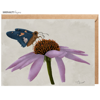 blue butterfly and purple coneflower greeting card with kraft envelope