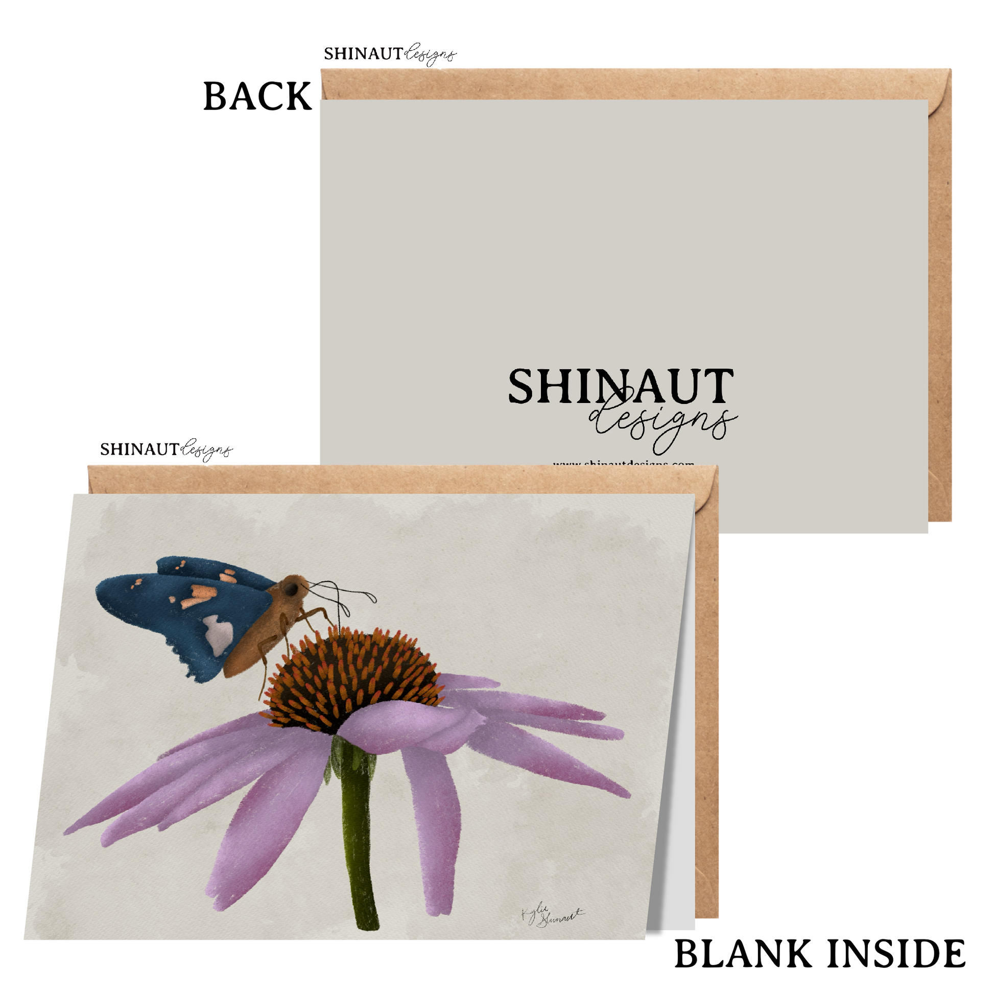 blue butterfly and purple coneflower greeting card with kraft envelope showing front, inside and back of card