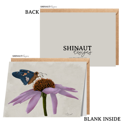 blue butterfly and purple coneflower greeting card with kraft envelope showing front, inside and back of card