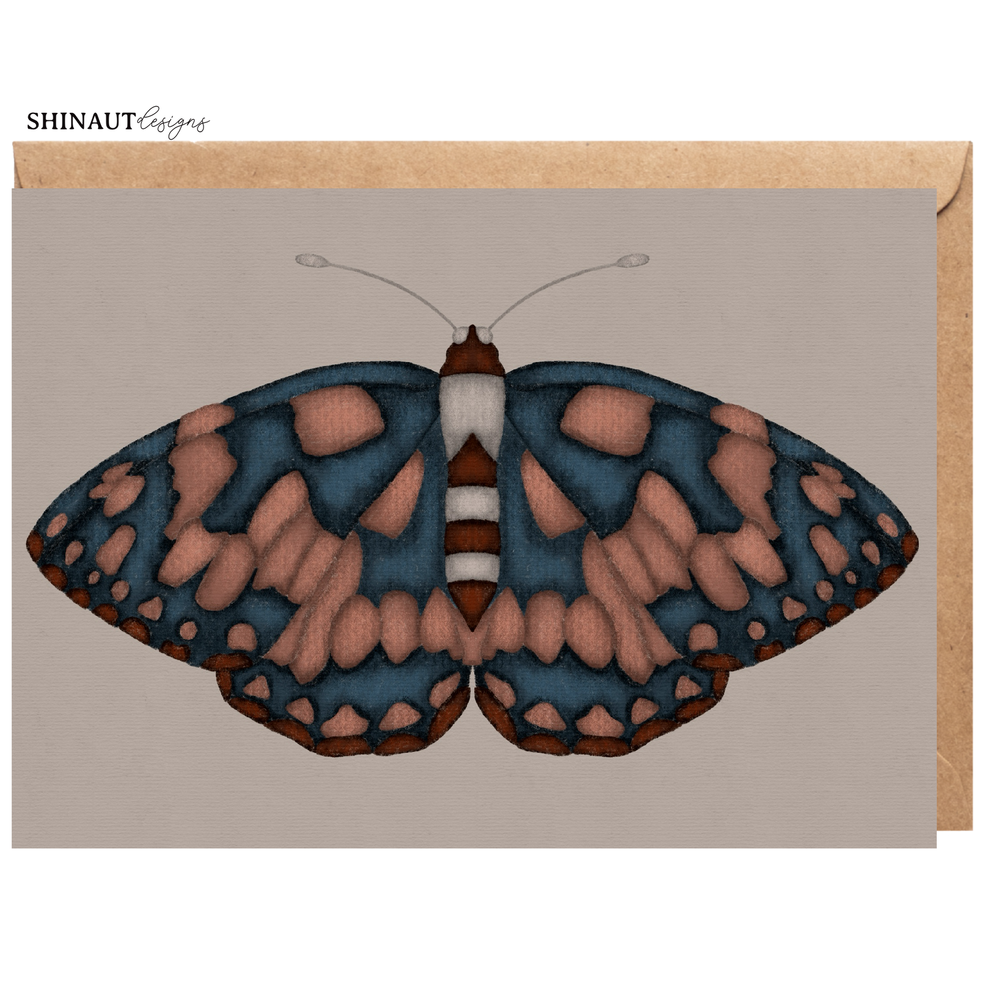 bohemian rust butterfly greeting card with kraft envelope