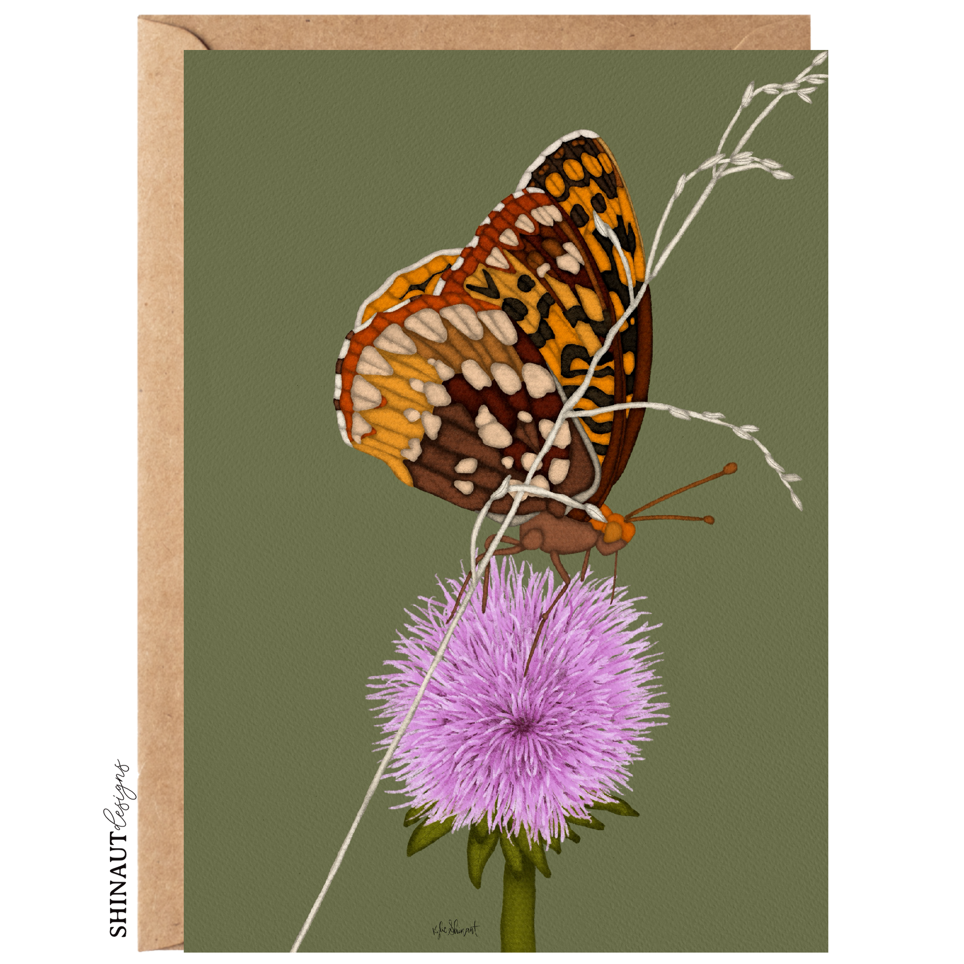 butterfly thistle greeting card with kraft envelope