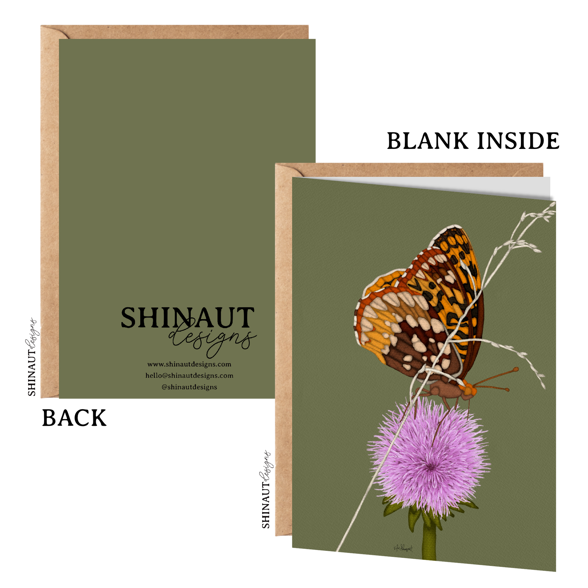 butterfly thistle greeting card with kraft envelope showing front, inside and back of card