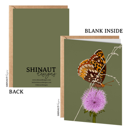 butterfly thistle greeting card with kraft envelope showing front, inside and back of card