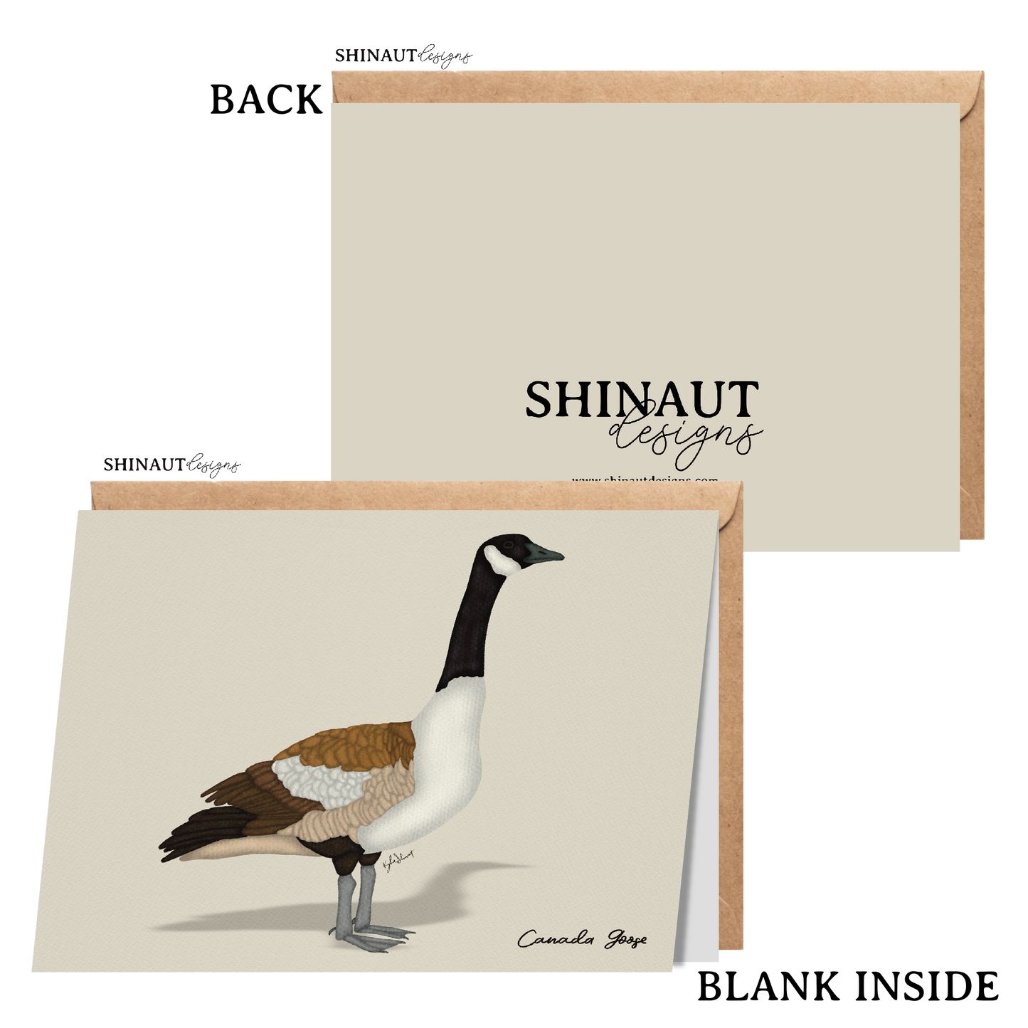 canada goose greeting card with kraft envelope showing front, inside and back of card