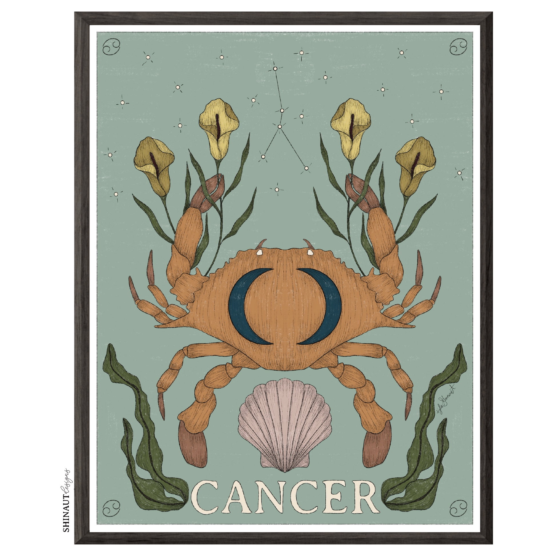 cancer zodiac art print in a black picture frame