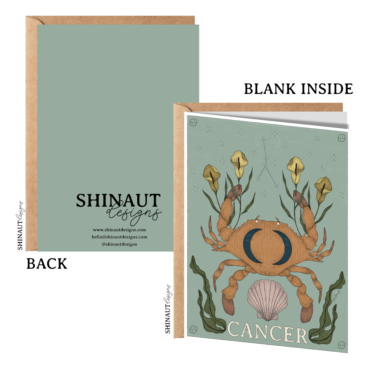 cancer zodiac greeting card with kraft envelope showing front, inside and back of card