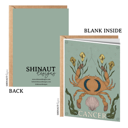 cancer zodiac greeting card with kraft envelope showing front, inside and back of card