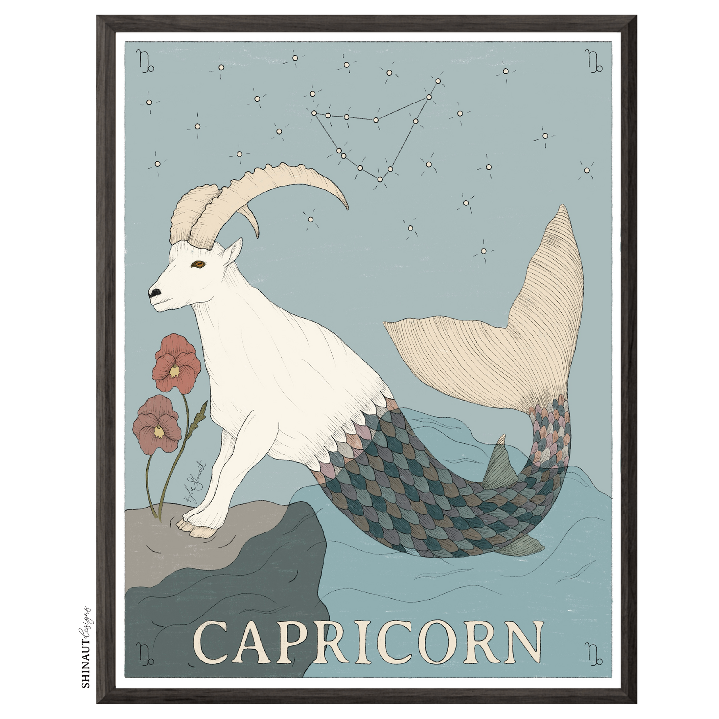 capricorn zodiac art print in a black picture frame