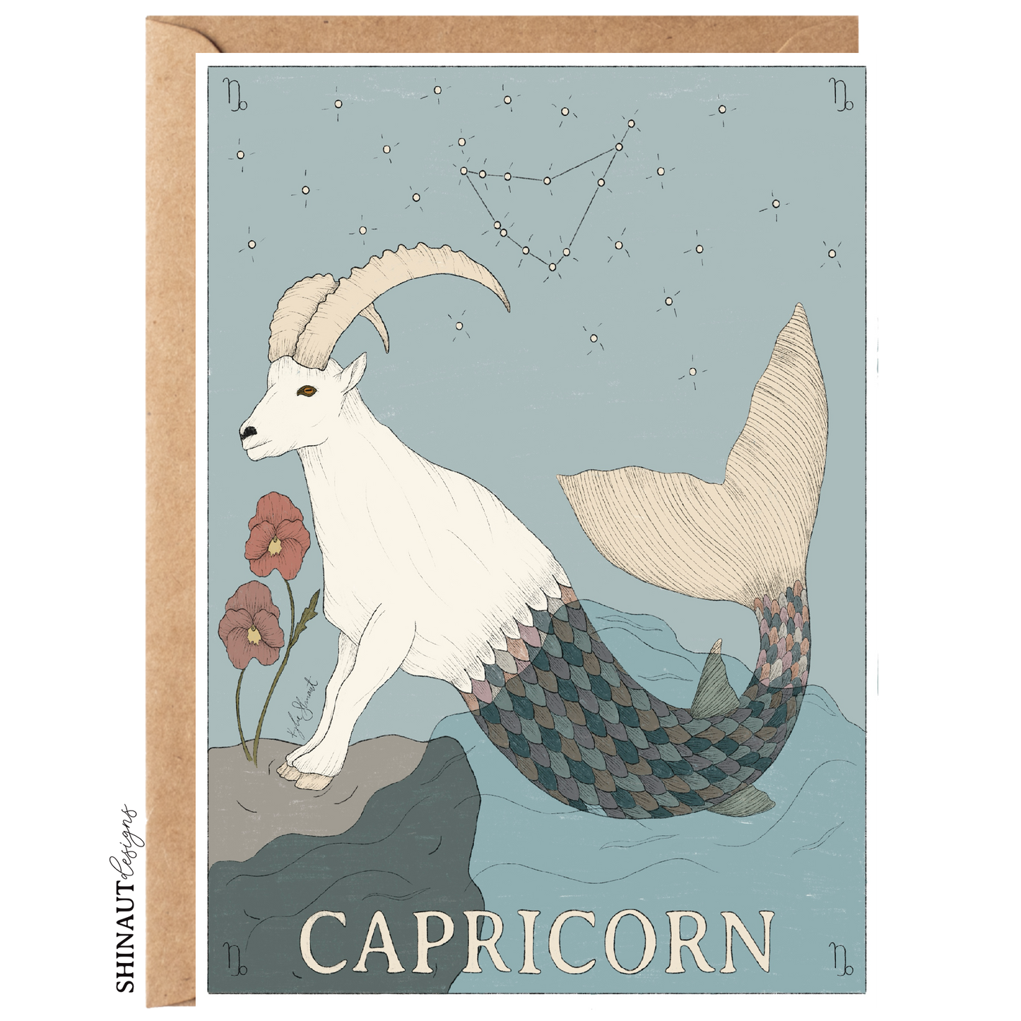 capricorn zodiac greeting card with kraft envelope