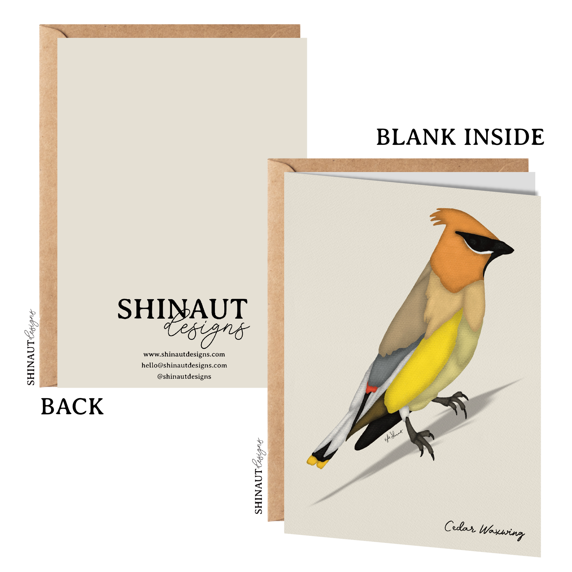 cedar waxwing greeting card with kraft envelope showing front, inside and back of card