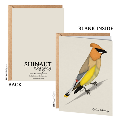 cedar waxwing greeting card with kraft envelope showing front, inside and back of card