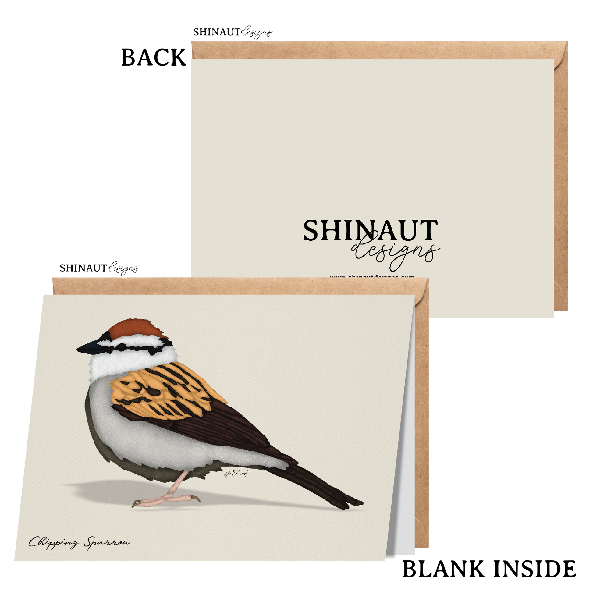 chipping sparrow greeting card with kraft envelope showing front, inside and back of card