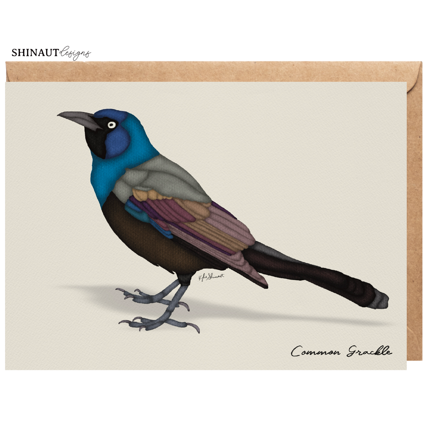 common grackle greeting card with kraft envelope