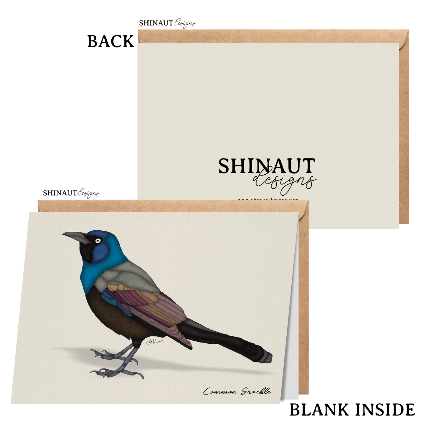 common grackle greeting card with kraft envelope showing front, inside and back of card