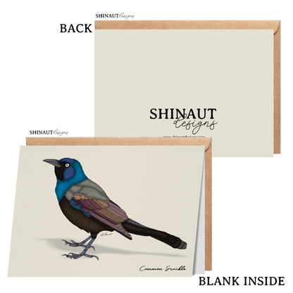 common grackle greeting card with kraft envelope showing front, inside and back of card