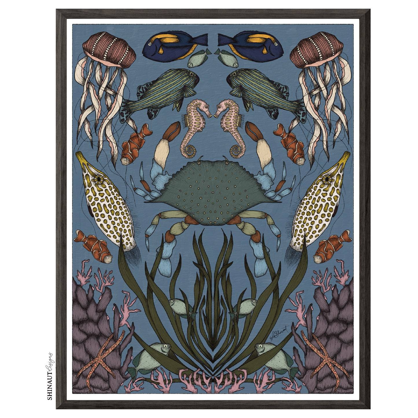 crab nouveau art print in black picture frames