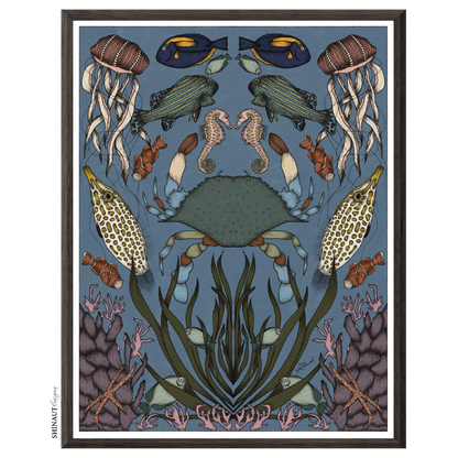 crab nouveau art print in black picture frames