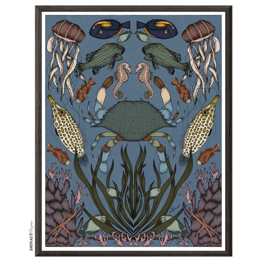 crab nouveau art print in black picture frames