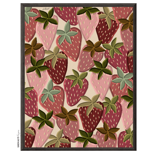 crazy strawberries art print in black picture frames