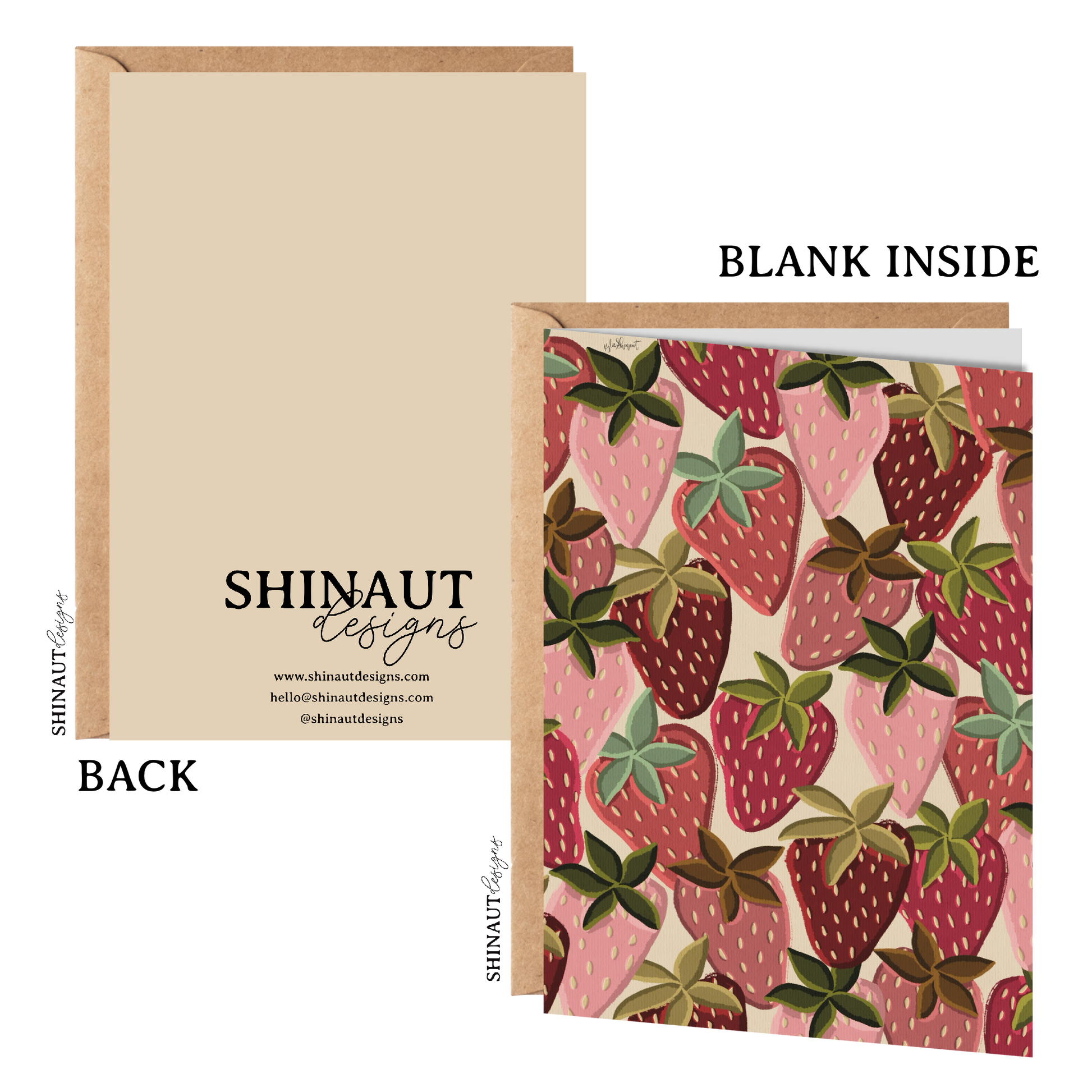 crazy strawberries greeting card with kraft envelope showing front, inside and back of card