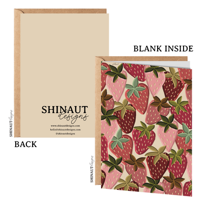 crazy strawberries greeting card with kraft envelope showing front, inside and back of card