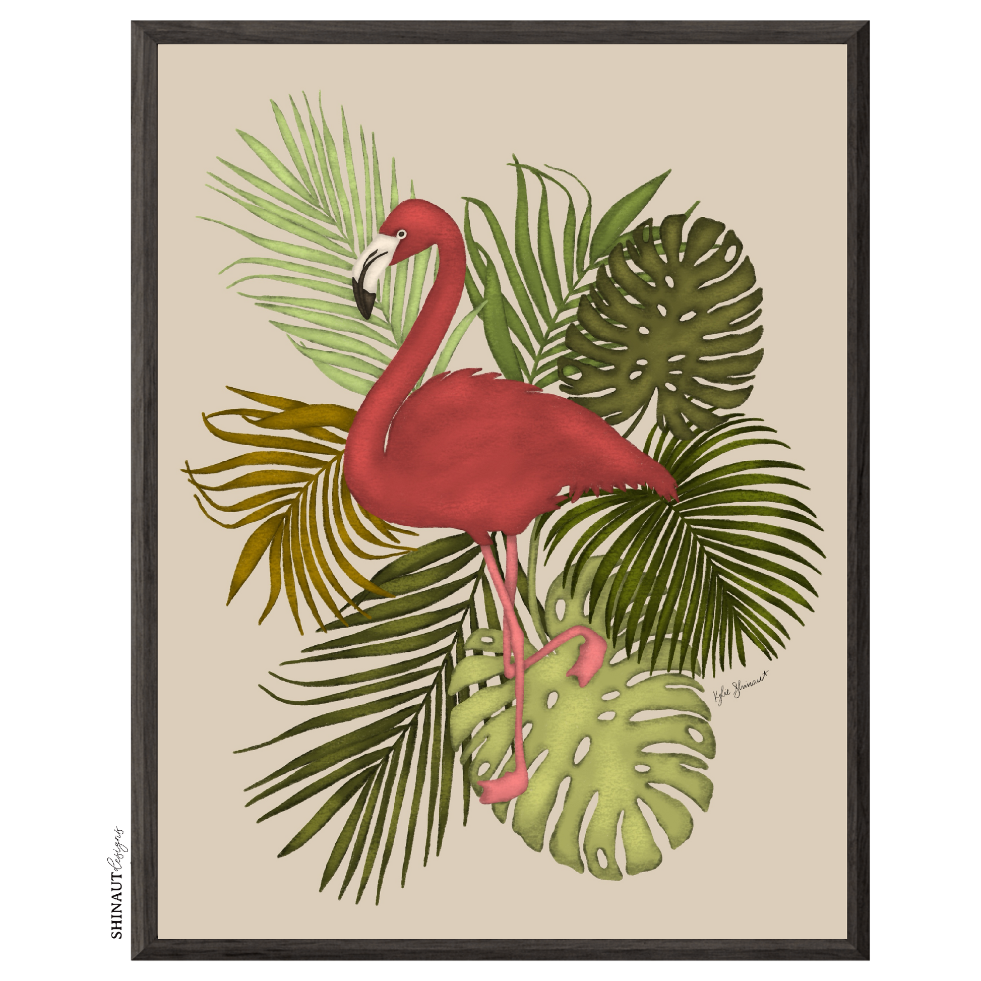 dark pink flamingo art print in black picture frames