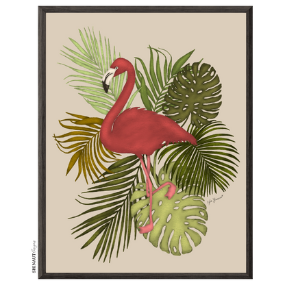 dark pink flamingo art print in black picture frames