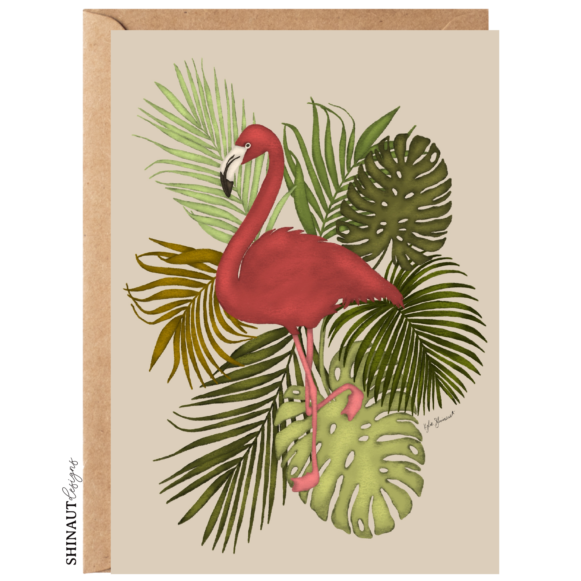 dark pink flamingo greeting card with kraft envelope