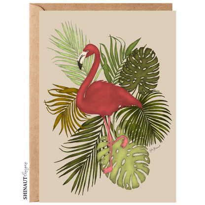 dark pink flamingo greeting card with kraft envelope